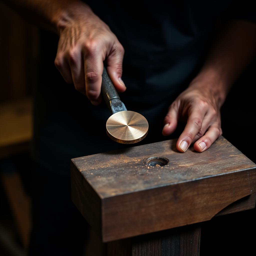 An artisan shaping a copper disc