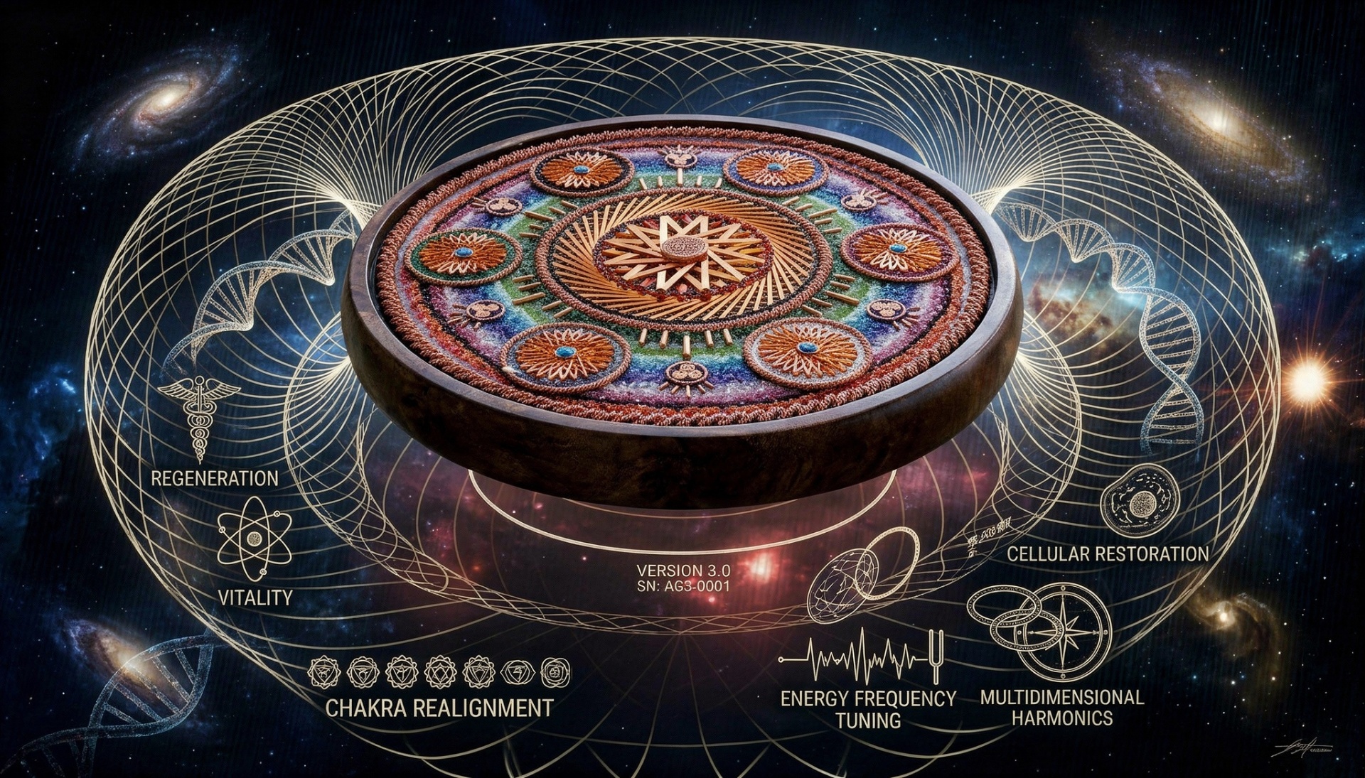 Orgononic Ascension Generator disc with sacred geometry suspended in a cosmic field